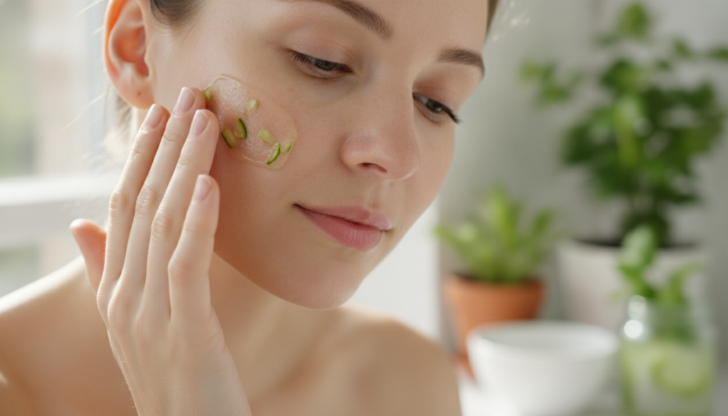 A woman gently massaging a thin layer of homemade gel into her cheek after cleansing with a soft radiant expression