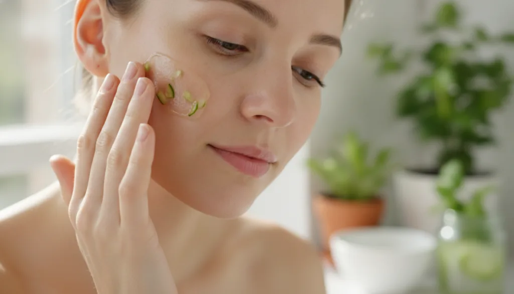 A woman gently massaging a thin layer of homemade gel into her cheek after cleansing with a soft radiant expression