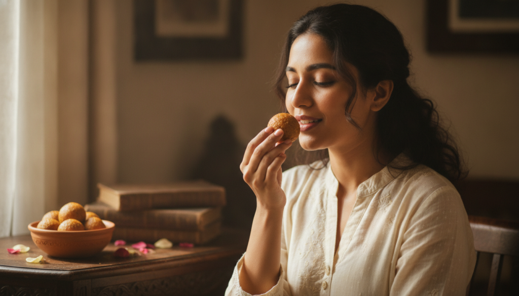 A woman glowing with healthy clear skin smiling while holding a homemade laddu The scene should convey natural beauty an