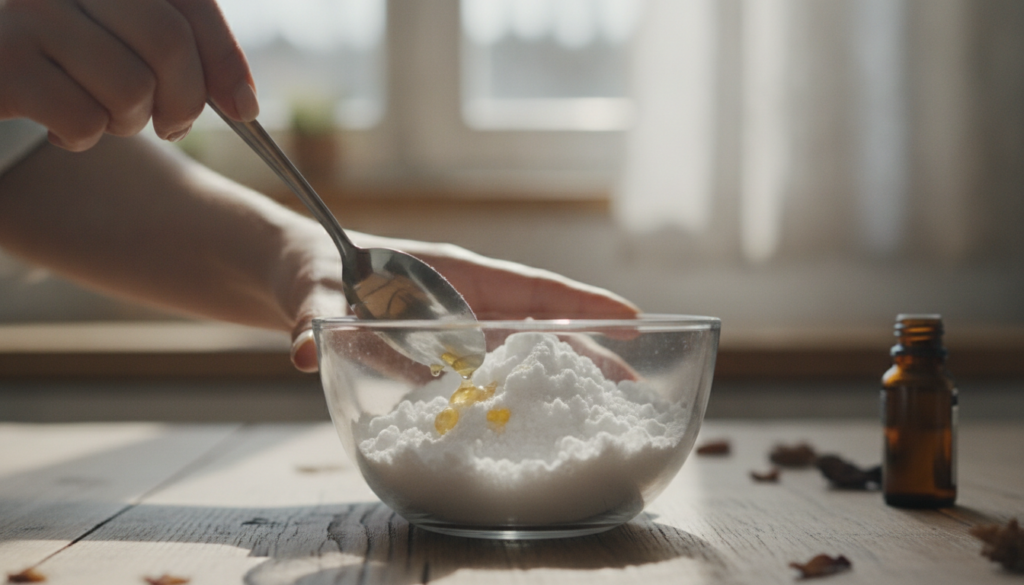 A close-up of a person mixing baking soda and essential oils in a glass bowl with a spoon