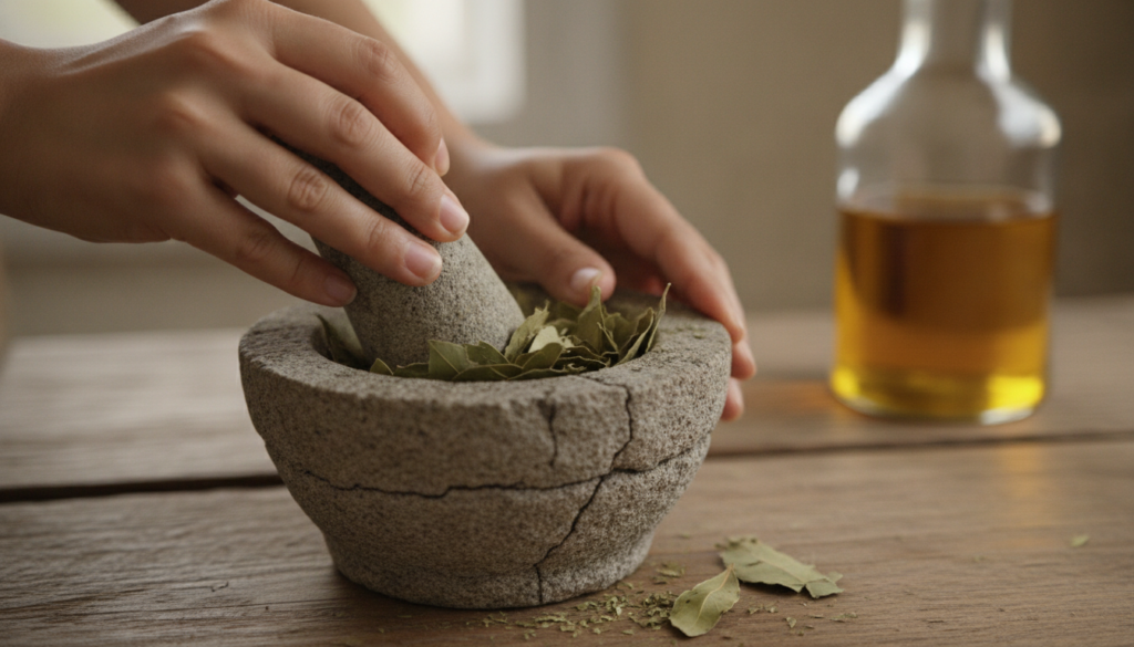 A person gently crushing dried bay leaves in a mortar and pestle with a glass jar of carrier oil in the background showi