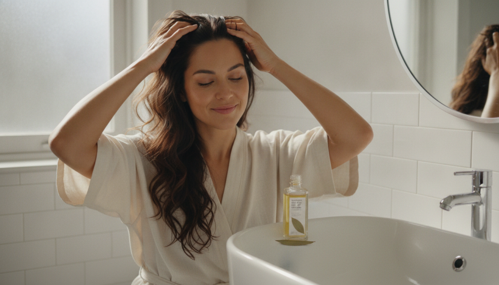 A woman gently massaging bay leaf infused oil into her scalp with her fingertips her eyes closed in relaxation depicting