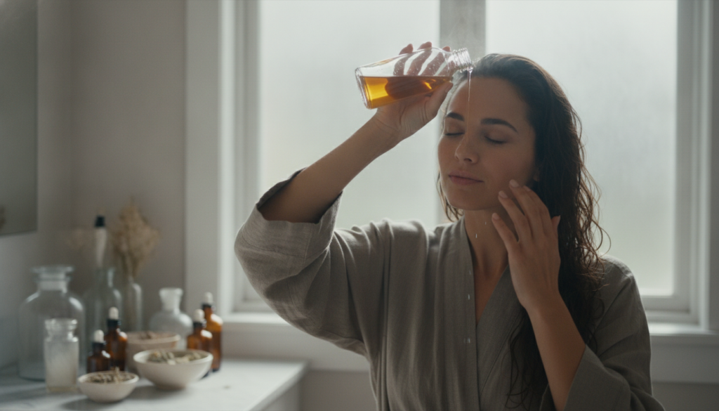 Woman applying bay leaf hair rinse to her scalp and hair