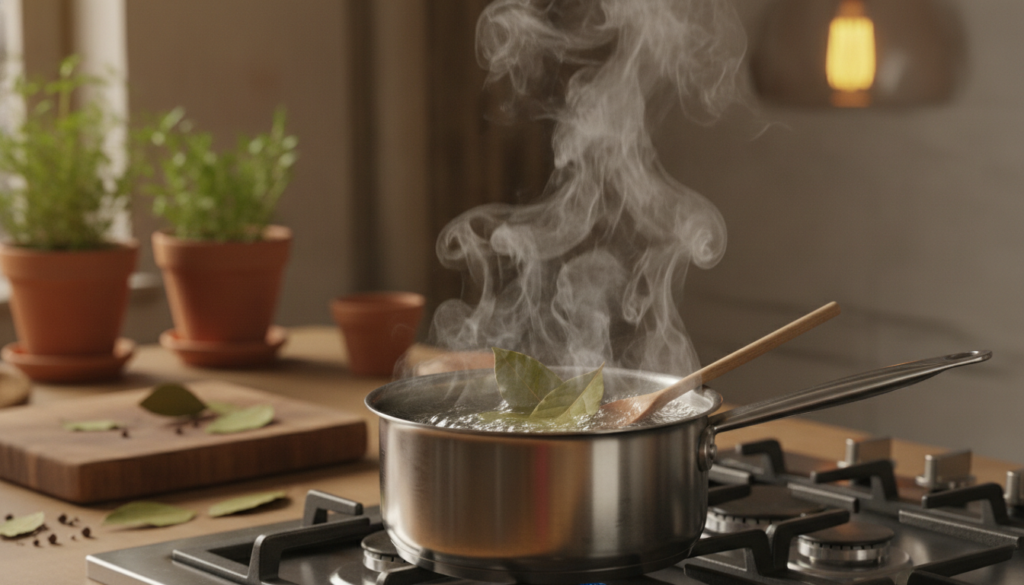 Bay leaves simmering in a pot of water on a stove