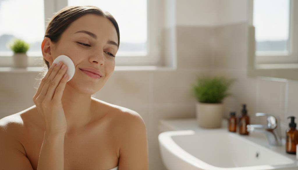 A woman gently applying a homemade toner to her face with a cotton pad looking refreshed The scene is bright and clean i