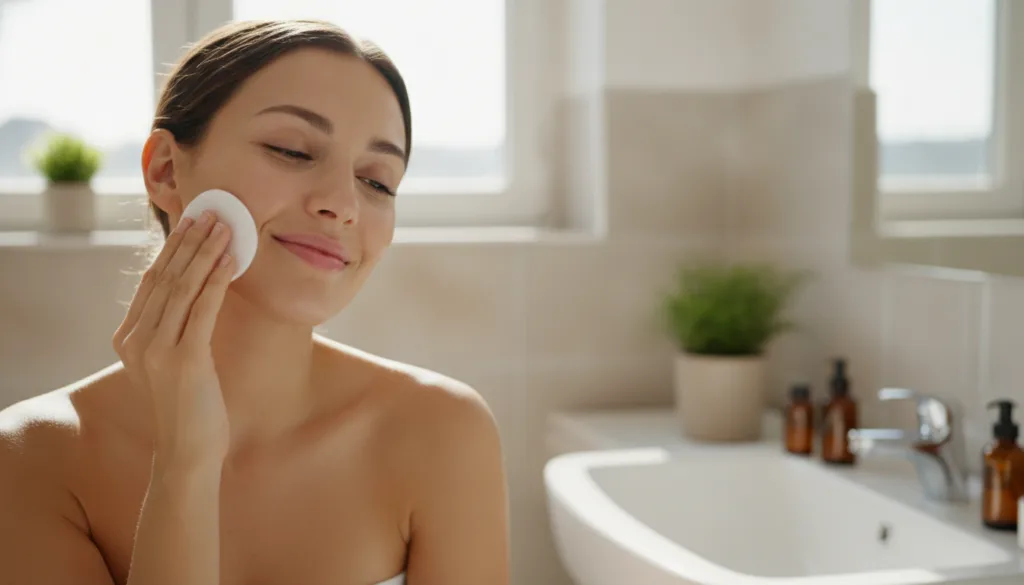 A woman gently applying a homemade toner to her face with a cotton pad looking refreshed The scene is bright and clean i