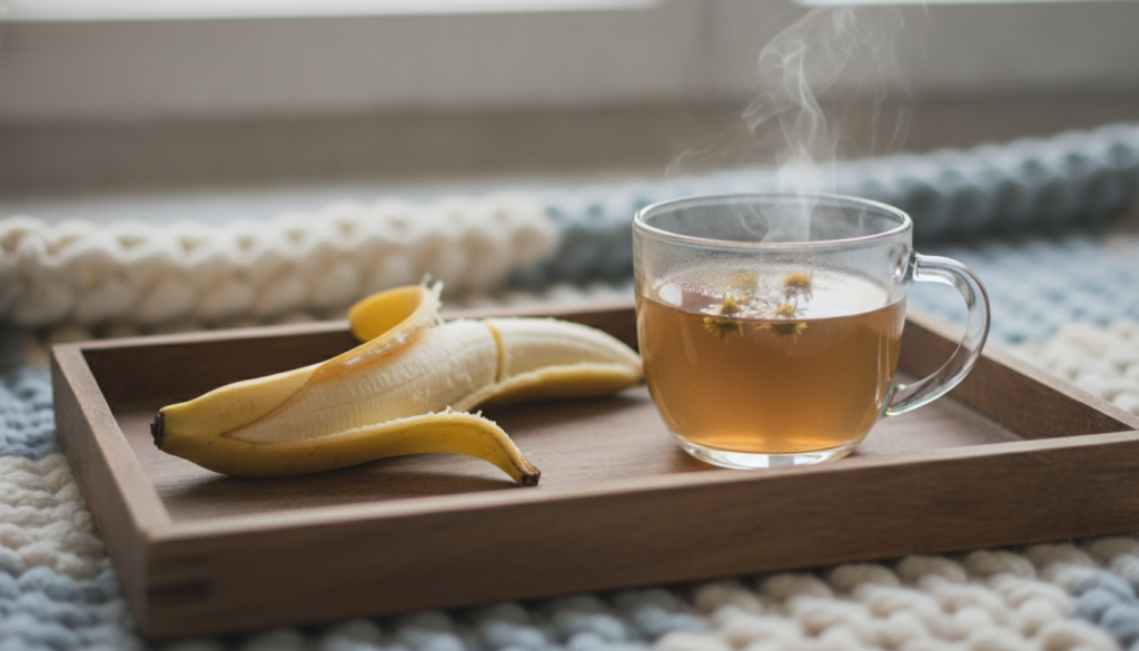 A close-up shot of a peeled banana alongside a glass of warm milk or herbal tea with a soft blanket in the background il