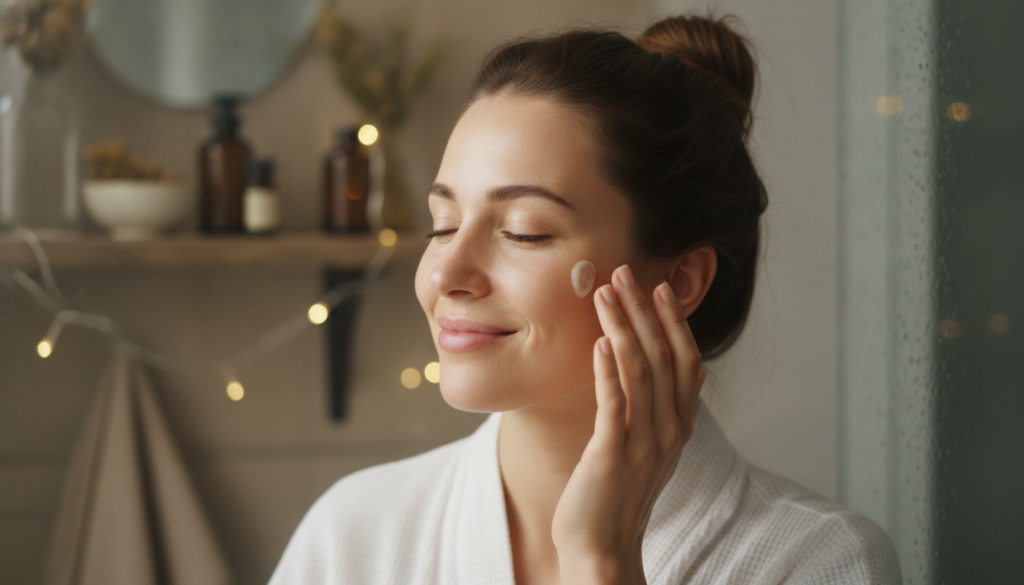 A woman gently applying a small amount of the DIY glass skin balm to her cheek during her nighttime skincare routine wit