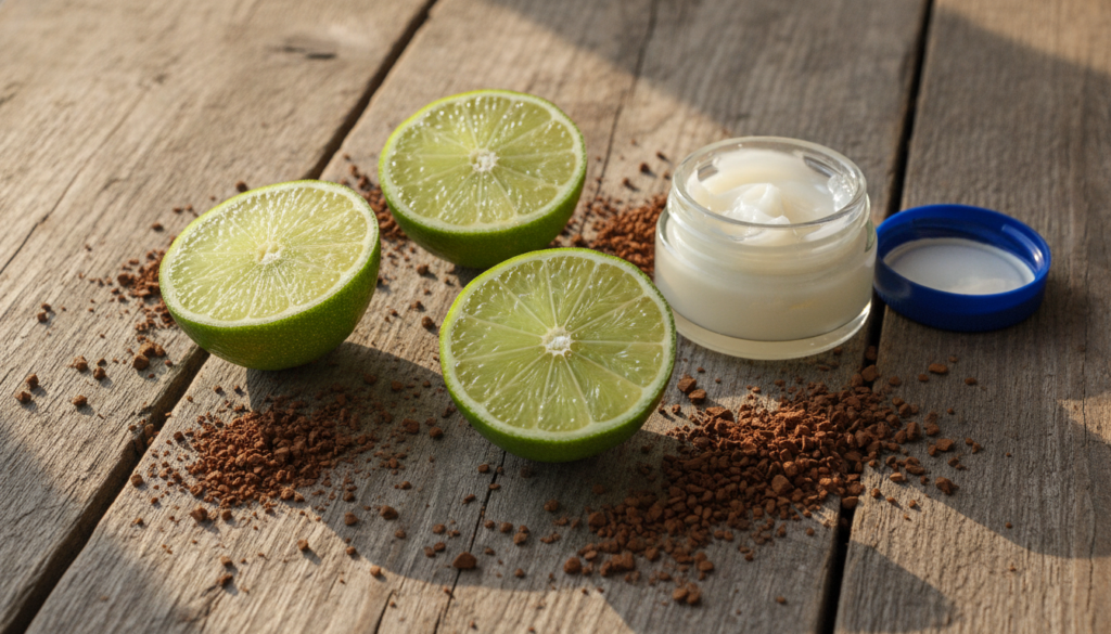 Close up of fresh lime halves and instant coffee granules next to a small jar of Vaseline on a wooden surface highlighti