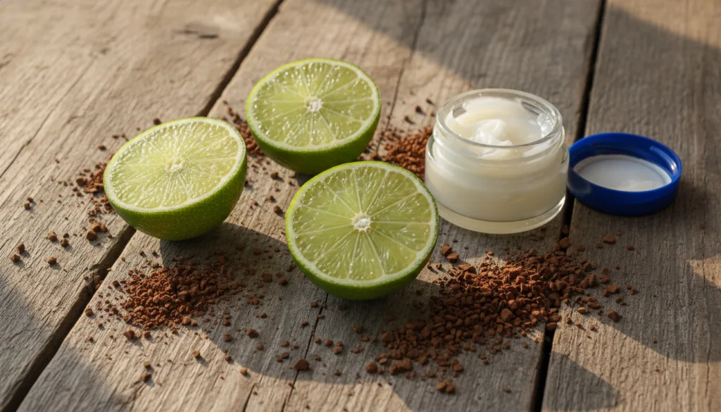 Close up of fresh lime halves and instant coffee granules next to a small jar of Vaseline on a wooden surface highlighti