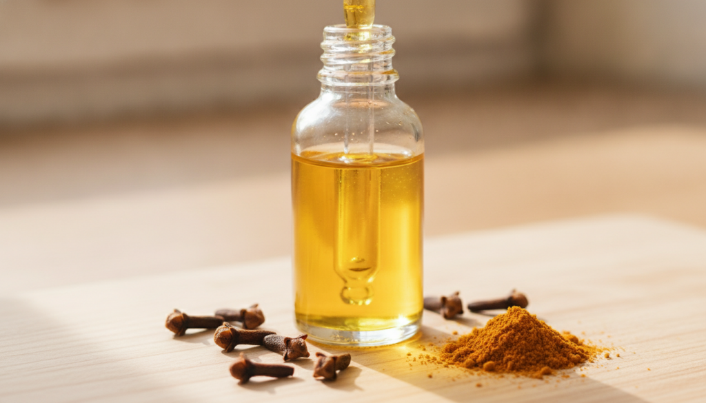 A close-up of a strained golden oil in a clear dropper bottle with a few dried cloves and a pinch of turmeric powder art