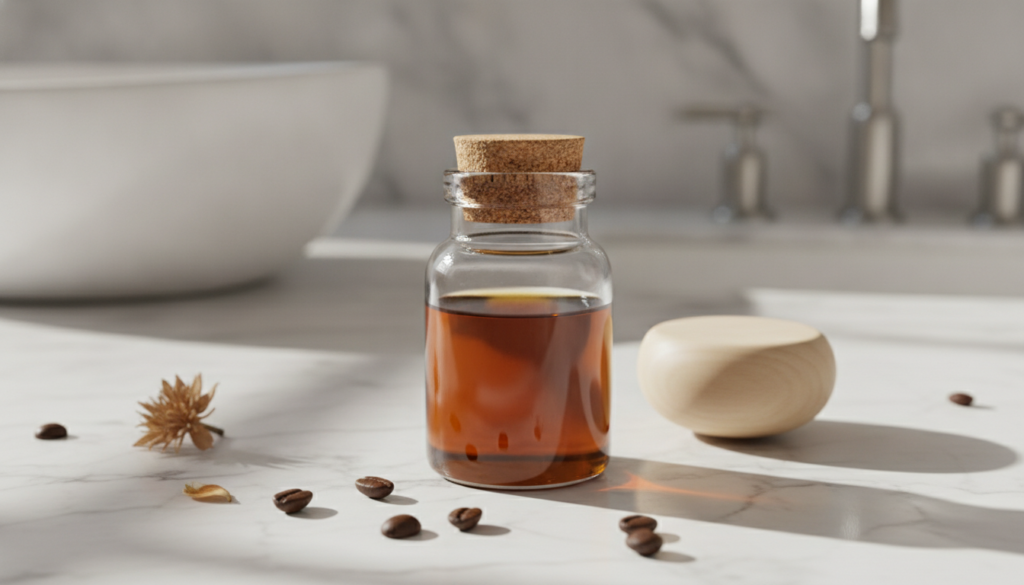 A small clear glass jar filled with golden-brown coffee oil ready for use placed on a light-colored vanity with a soft n