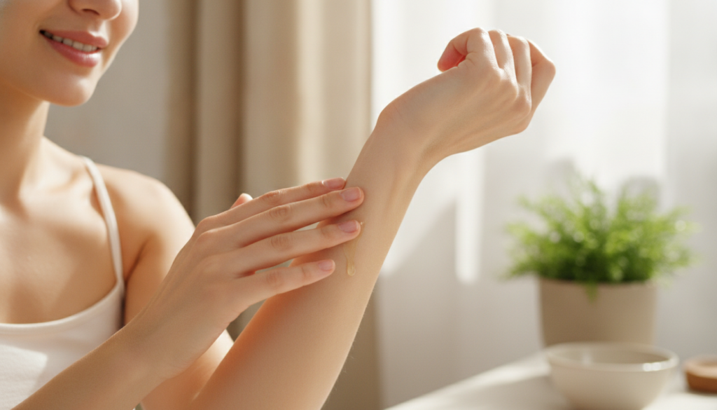 A woman gently applying a small amount of homemade glow oil to her arm demonstrating the texture and how it absorbs Her 
