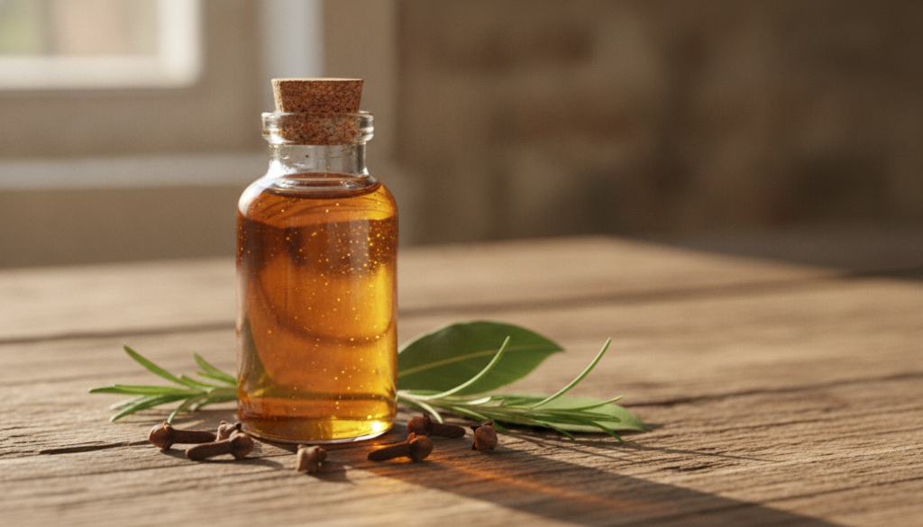A beautiful close-up of a small glass bottle filled with golden infused oil next to a pile of dried whole cloves on a ru