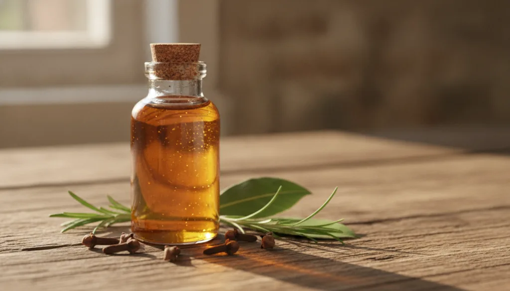 A beautiful close-up of a small glass bottle filled with golden infused oil next to a pile of dried whole cloves on a ru