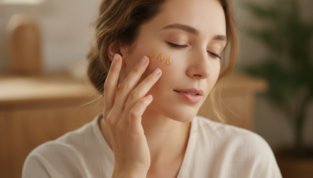 A close-up of a woman gently applying a few drops of homemade oil to her face with her fingertips showing radiant and gl