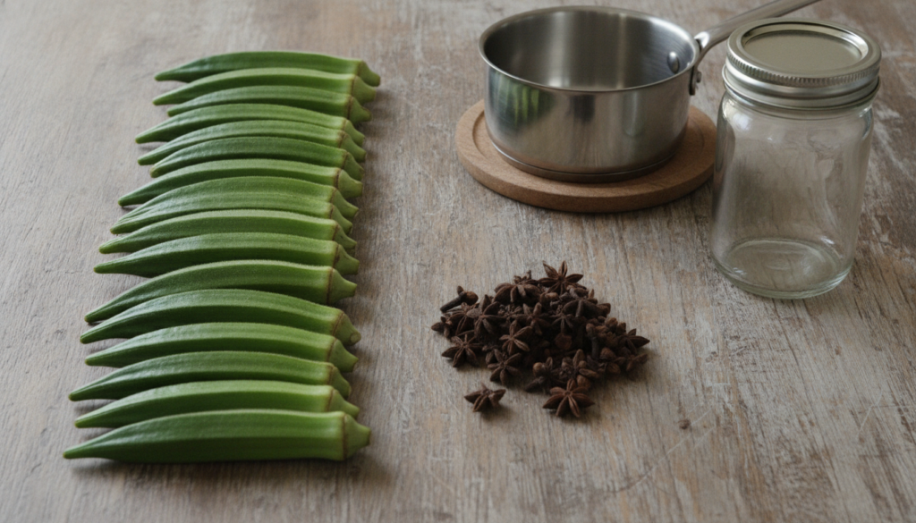 Ingredients laid out fresh green okra pods whole dried cloves a small pot or saucepan and a glass jar for the final gel