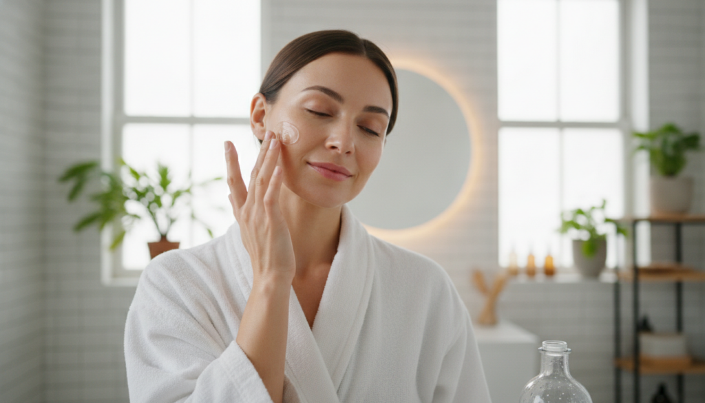 A woman gently applying the clear okra clove gel to her face with her fingertips showing radiant and hydrated skin in a 