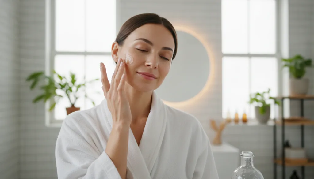 A woman gently applying the clear okra clove gel to her face with her fingertips showing radiant and hydrated skin in a
