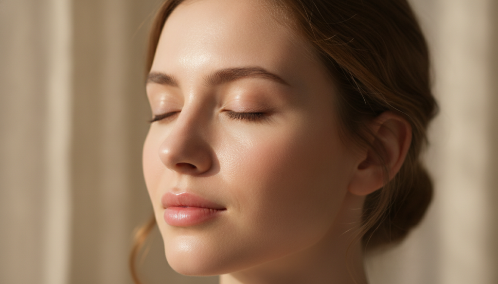 A close-up of a woman s face with smooth clear and glowing skin showing a natural healthy radiance perhaps after using a