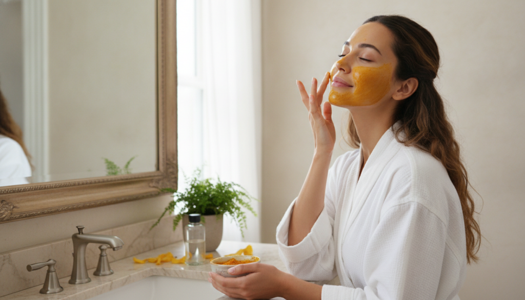 A woman gently applying the golden turmeric and baby oil mixture to her face with her fingertips smiling softly with a r