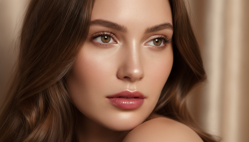 A close-up of a woman s face with visibly smooth clear and glowing glass skin reflecting light gently Her expression is 