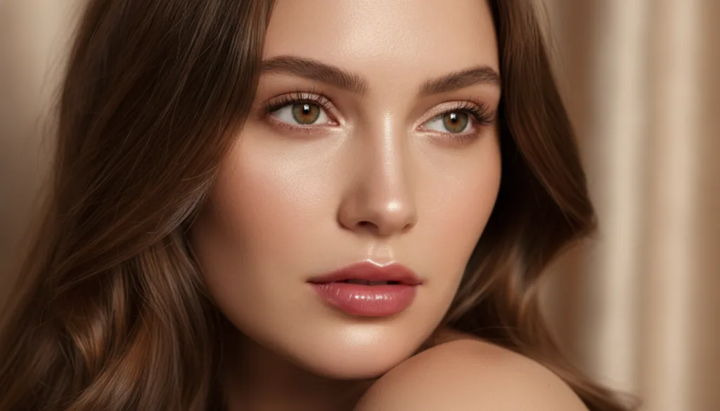 A close-up of a woman s face with visibly smooth clear and glowing glass skin reflecting light gently Her expression is 