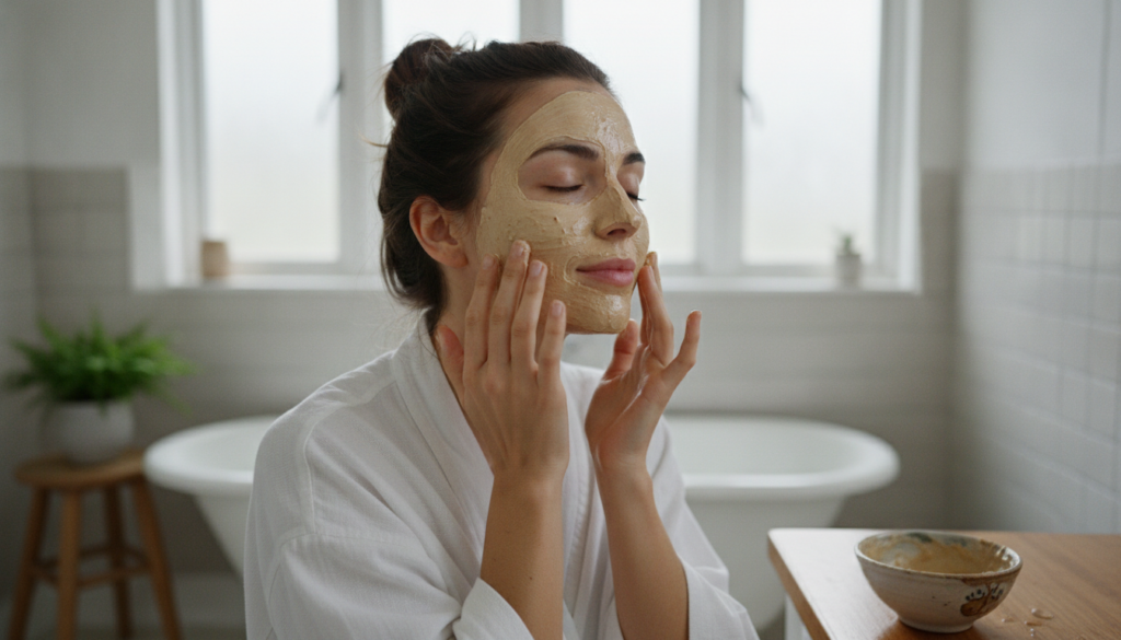 A woman gently applying a homemade cream to her face with a smooth glowing complexion visible The scene is bright and na