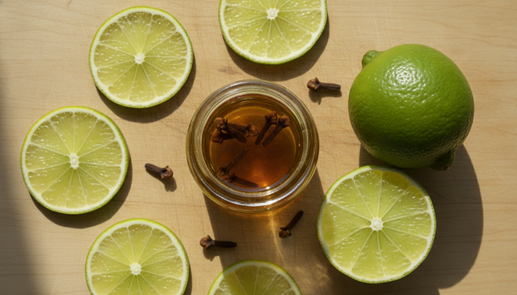 A clear glass jar filled with a pale yellow oil and whole cloves with slices of fresh lime resting next to it on a woode