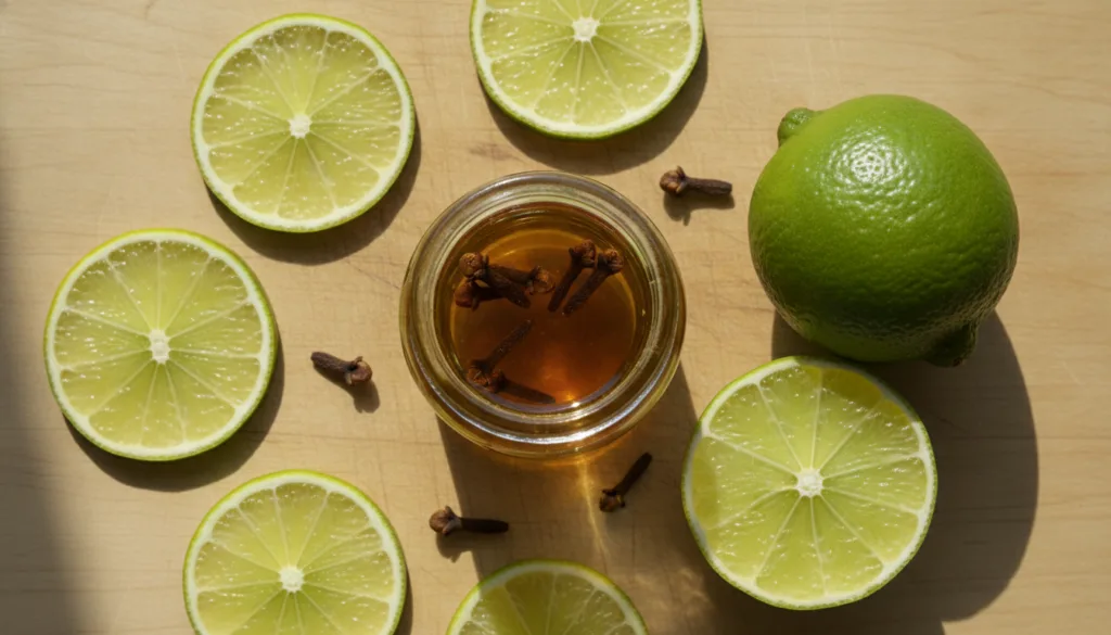 A clear glass jar filled with a pale yellow oil and whole cloves with slices of fresh lime resting next to it on a woode