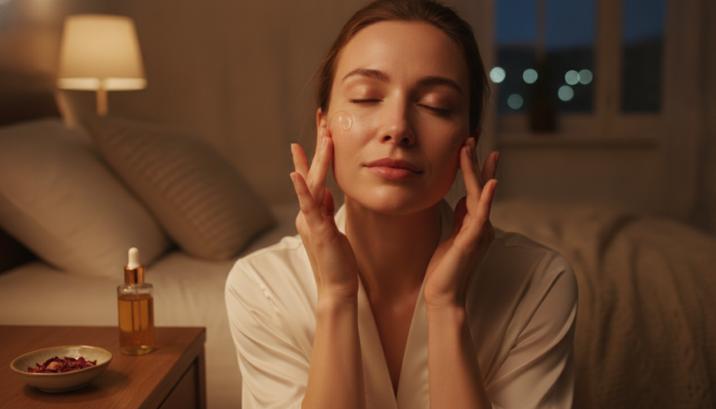 A woman gently massaging a small amount of oil onto her clean face before bedtime with a soft warm glow in the backgroun