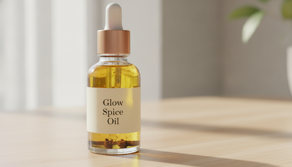 A small clear glass bottle filled with a golden-yellow infused oil with a few small dark cloves settled at the bottom Th