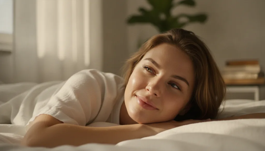 A woman waking up in bed with a radiant fresh and glowing complexion suggesting she used an overnight beauty treatment