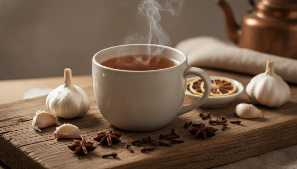 A close-up of a steaming mug of clove and garlic tea with fresh garlic cloves and whole cloves spice visible next to it 