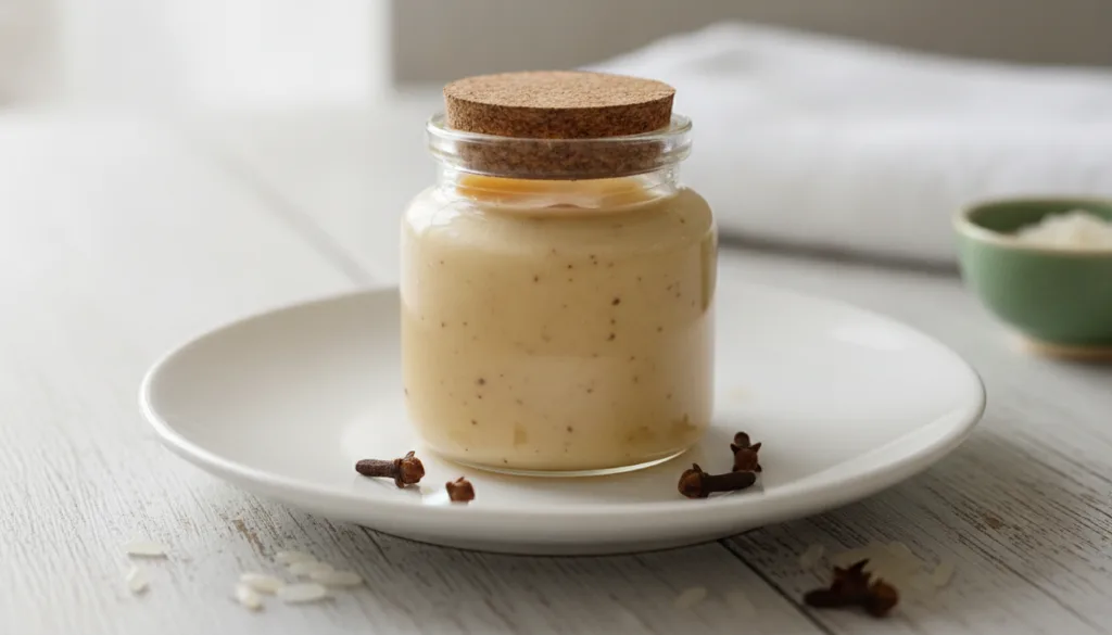 A small elegant glass jar filled with the finished homemade rice and clove youth balm with a soft glowing background sug
