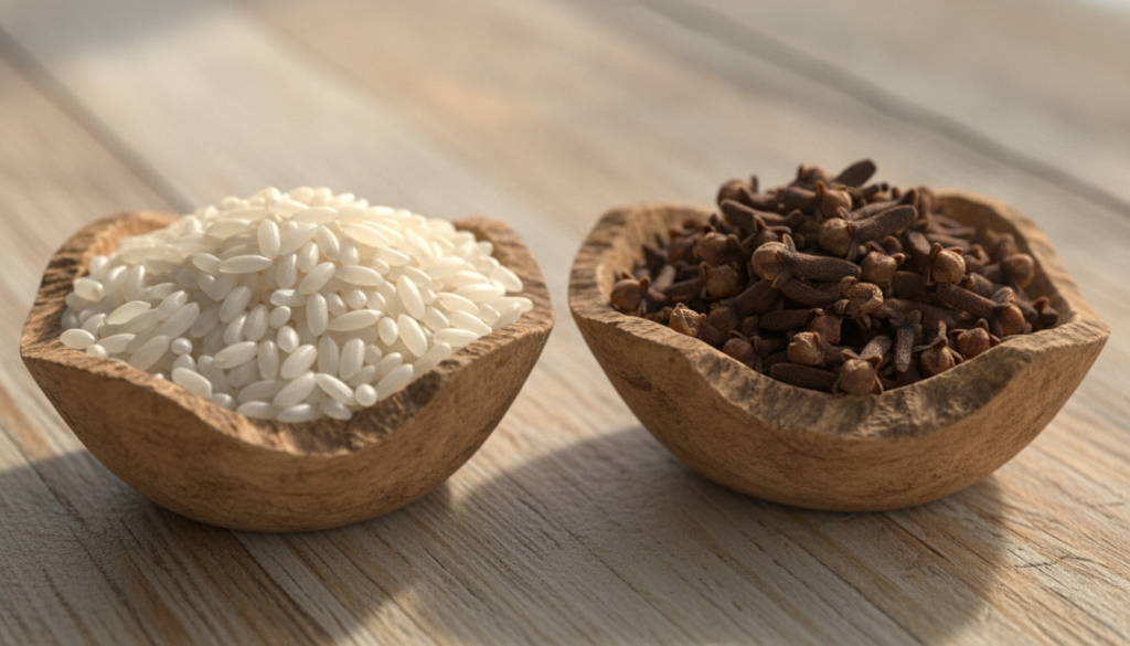 Small bowls filled with white rice grains and whole dried cloves neatly arranged on a wooden surface ready for a DIY bea