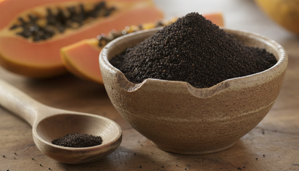 A small bowl of dried and ground papaya seeds resembling black pepper with a spoon and a fresh papaya in the background