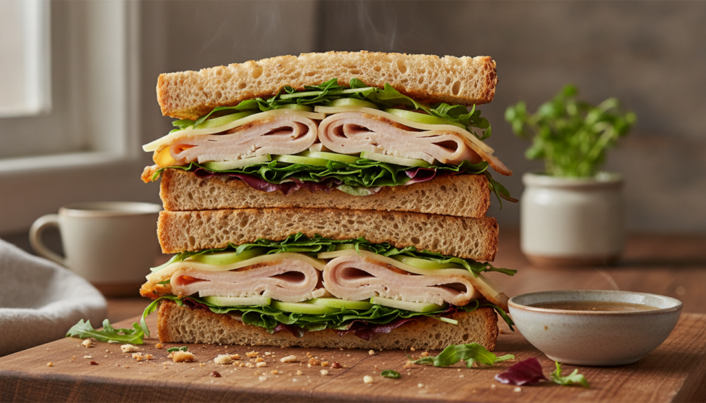 A gourmet Turkey Swiss Sandwich with thin slices of green apple crisp lettuce and a hint of mustard on multi-grain bread