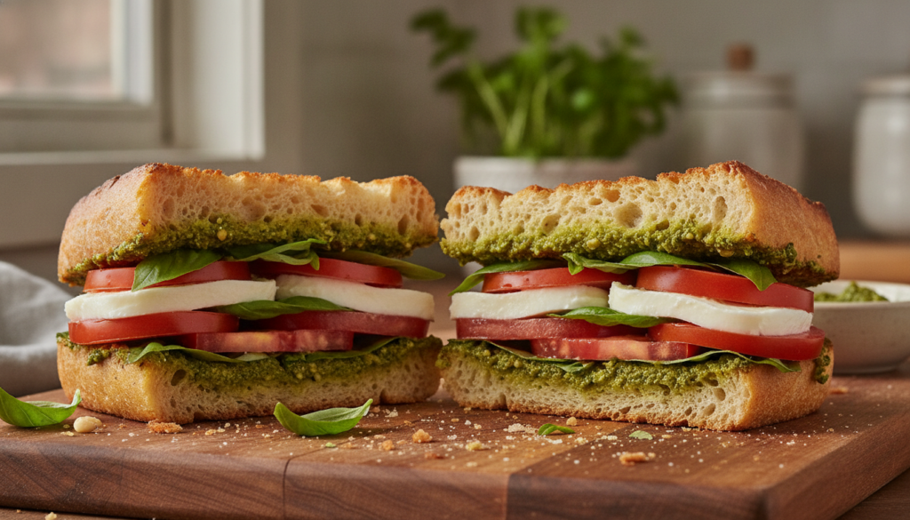 A fresh Caprese Pesto Sandwich showcasing vibrant red tomatoes white mozzarella slices green basil leaves and a smear of