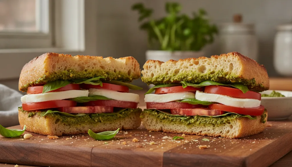 A fresh Caprese Pesto Sandwich showcasing vibrant red tomatoes white mozzarella slices green basil leaves and a smear of