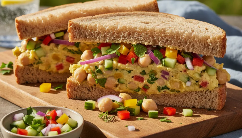 A hearty Mediterranean Chickpea Salad Sandwich filled with a colorful chickpea mixture fresh cucumber and red onion serv