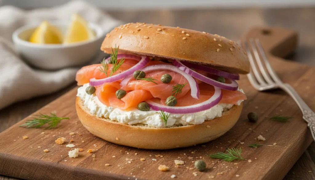 An open-faced smoked salmon and cream cheese bagel sandwich garnished with fresh dill capers and thinly sliced red onion