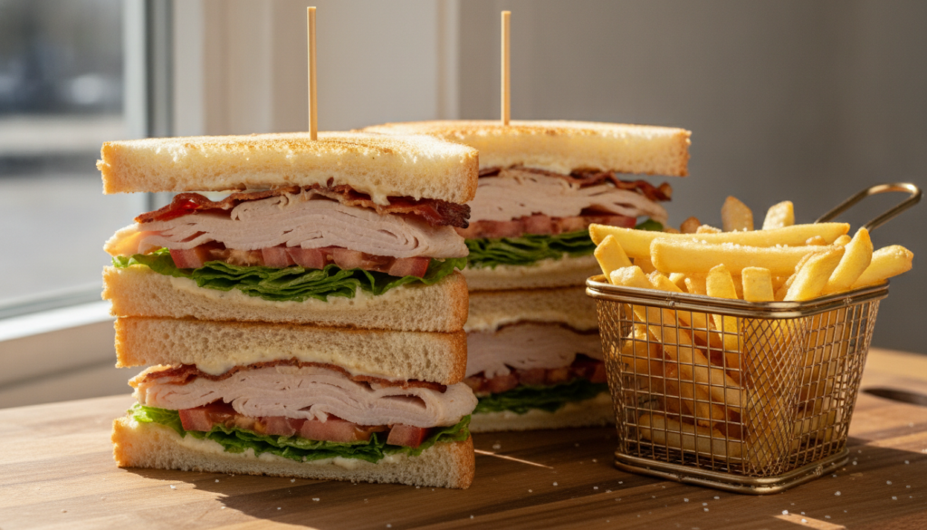 A perfectly assembled classic triple-decker club sandwich held together with toothpicks showing layers of turkey bacon l