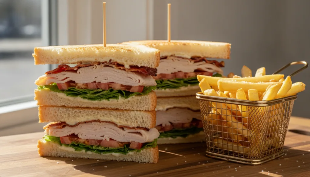 A perfectly assembled classic triple-decker club sandwich held together with toothpicks showing layers of turkey bacon l