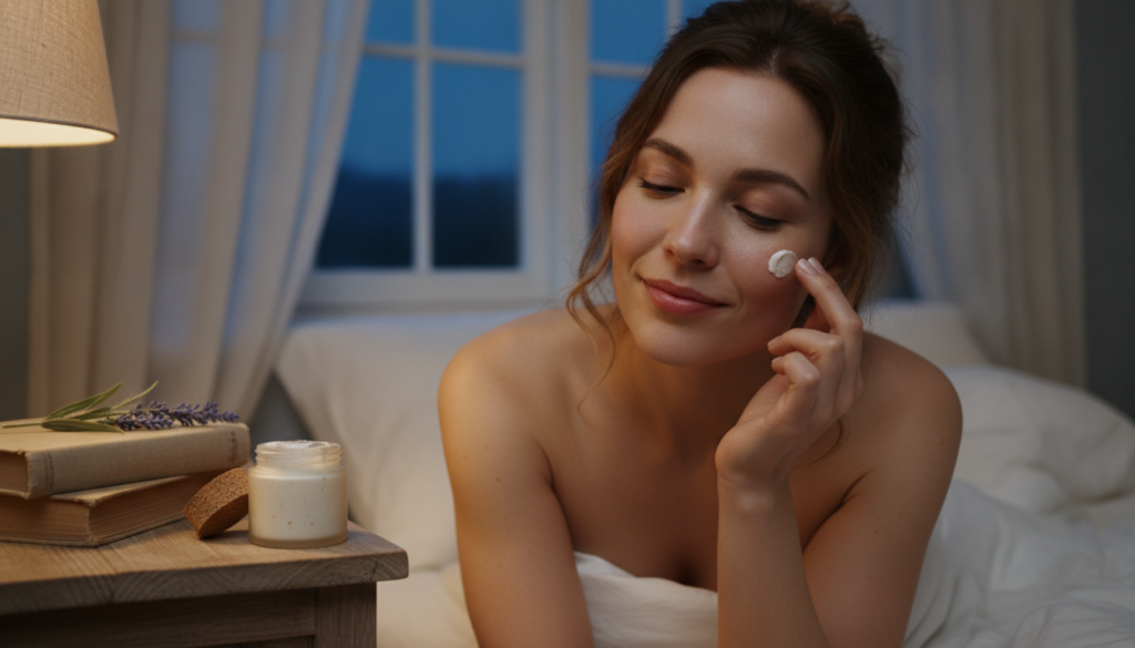 A woman gently applying a small amount of the creamy DIY blend to her clean face before bedtime with soft serene lightin