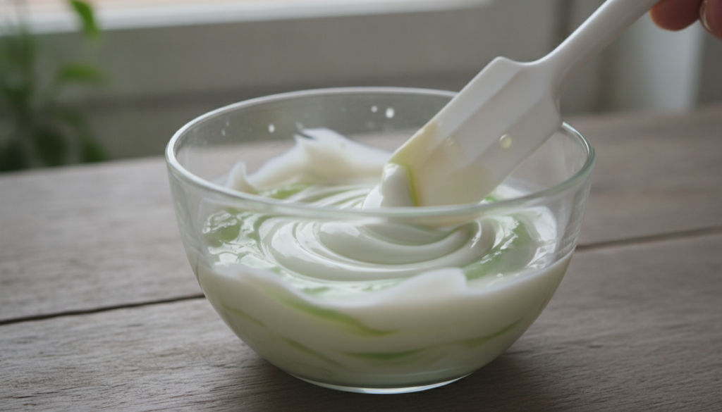 Close-up shot of the three ingredients Vaseline aloe vera gel baby oil being mixed in a small glass bowl with a tiny spa