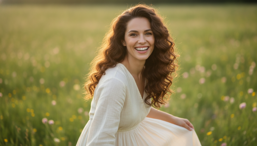 A woman with shiny healthy-looking hair smiling showcasing the natural beauty and vitality of her hair