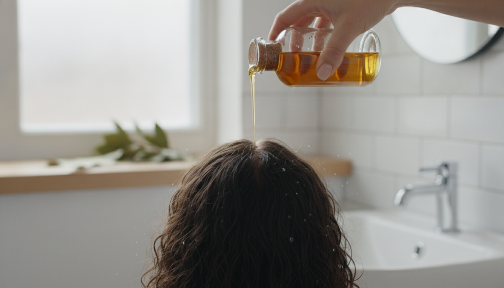 A person s hand pouring the prepared bay leaf hair rinse from a bottle over wet hair in a shower focusing on the scalp a