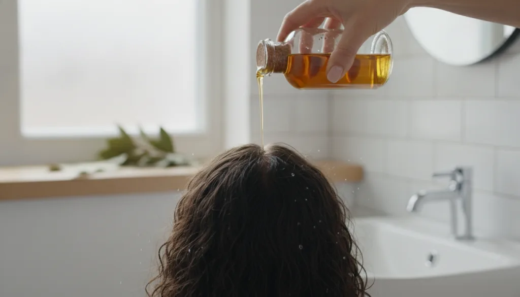 A person s hand pouring the prepared bay leaf hair rinse from a bottle over wet hair in a shower focusing on the scalp a