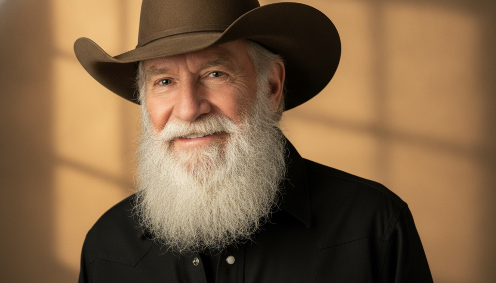 A publicity photo of Kenny Rogers in his iconic later look with a full silver beard perhaps a cowboy hat and a warm know